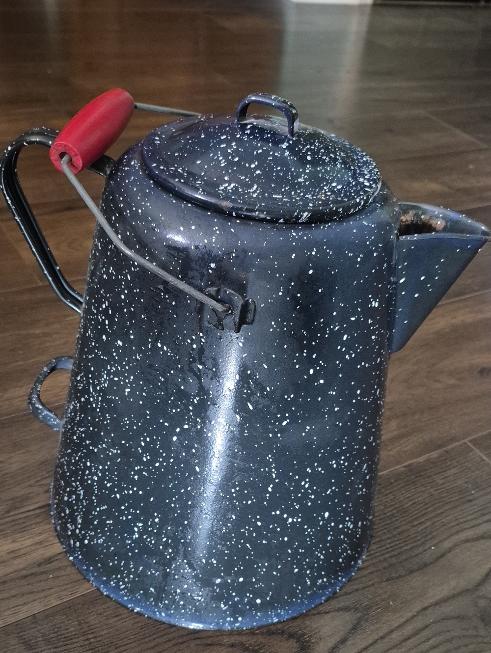 Large Enamelware Blue Flecks Coffee Pot With Red Wood Handle.